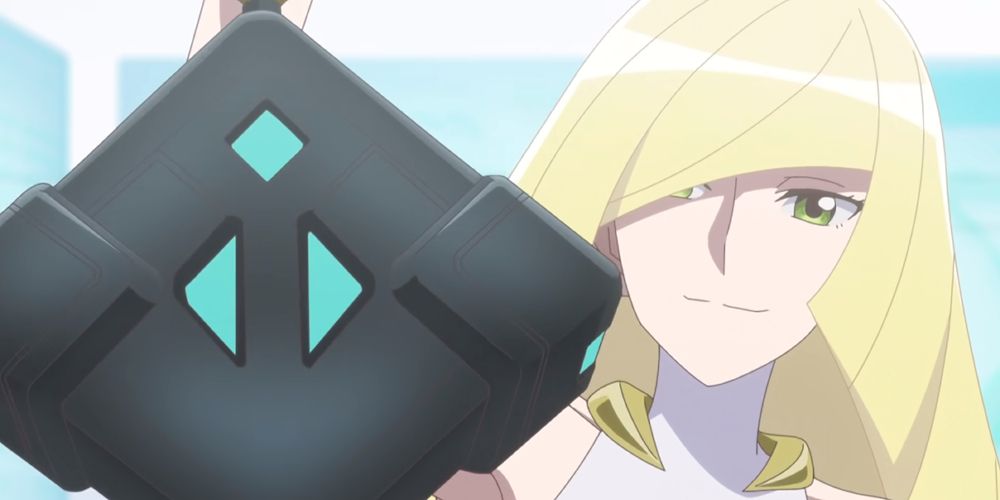 Pokemon Sun Lusamine, Moon, Ultra Sun y Ultra Moon sostienen la jaula de Nebby con una expresión petulante en el episodio 2 de Pokemon Generations: The Eclipse.