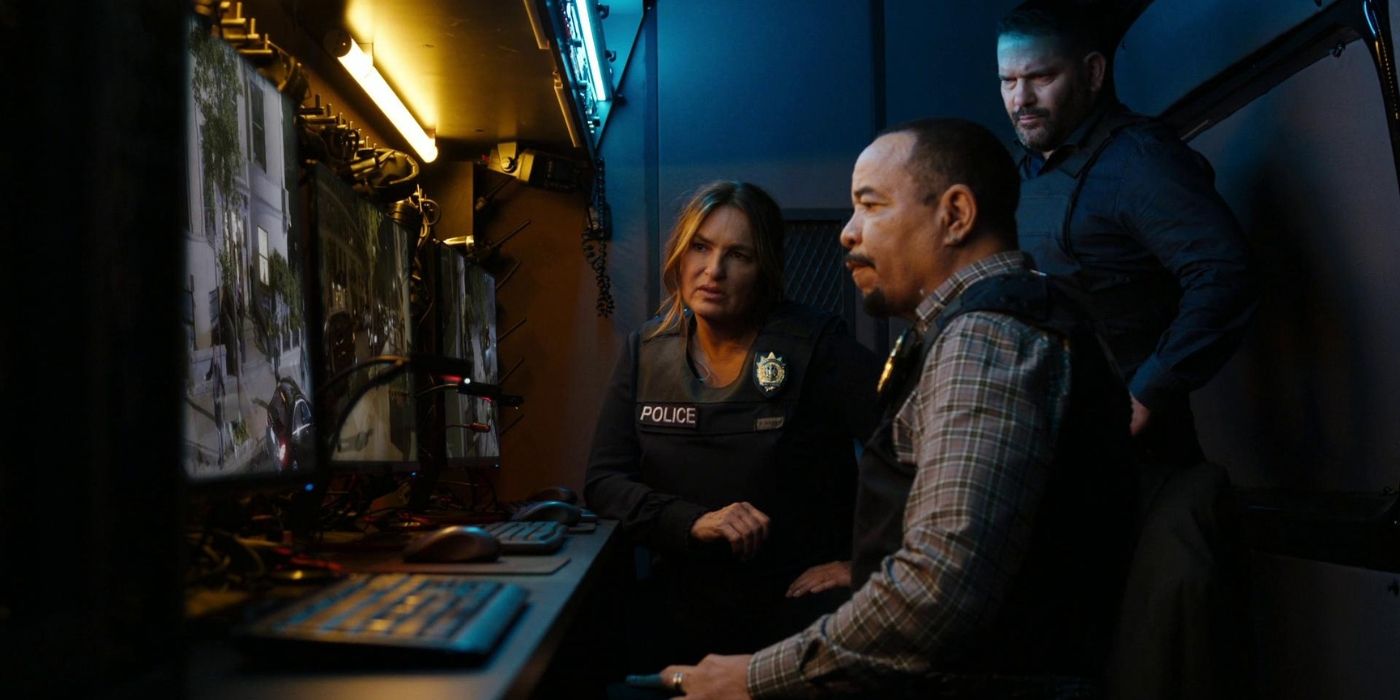 Mariska Hargitay as Olivia Benson, Ice-T as Odafin Tutuola, and Guillermo Diaz as Sergeant Bill Brewster watch surveillance cameras on Law & Order_ Organized Crime