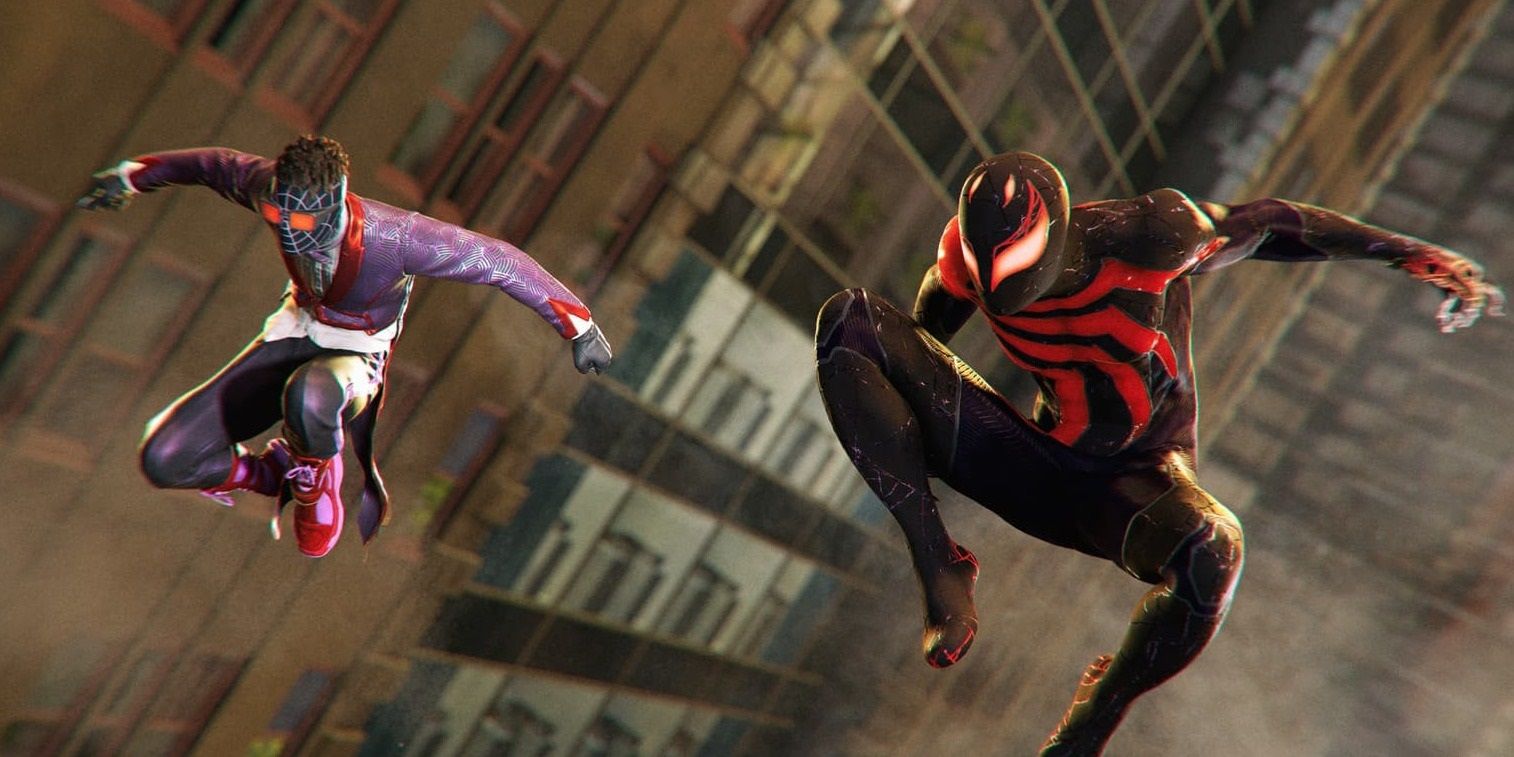 Miles Morales and Peter Parker in Marvel's Spider-Man 2 wearing Hellfire Gala suits.