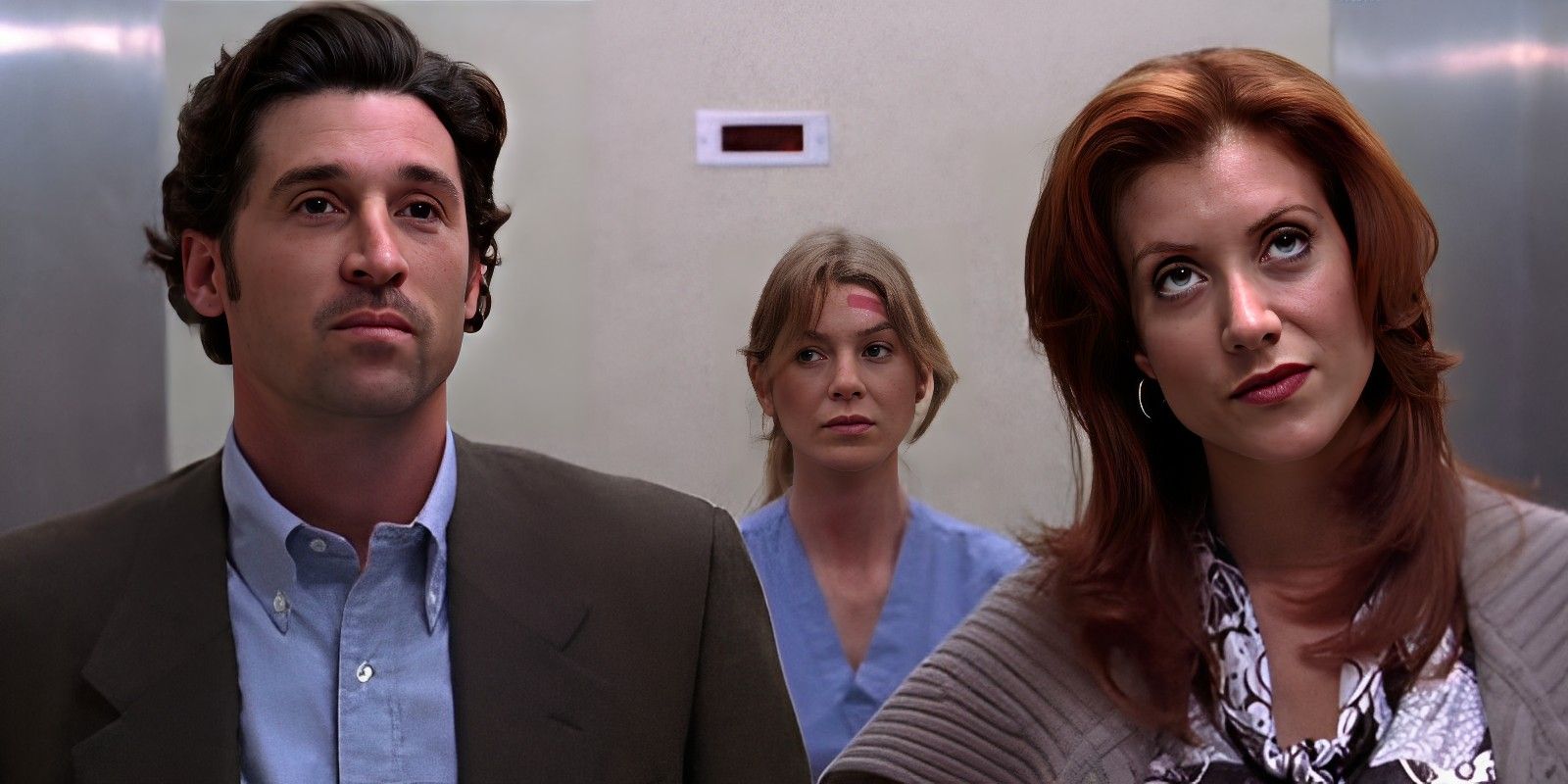Meredith standing behind Derek and an irritated Addison in the elevator in Grey's Anatomy.