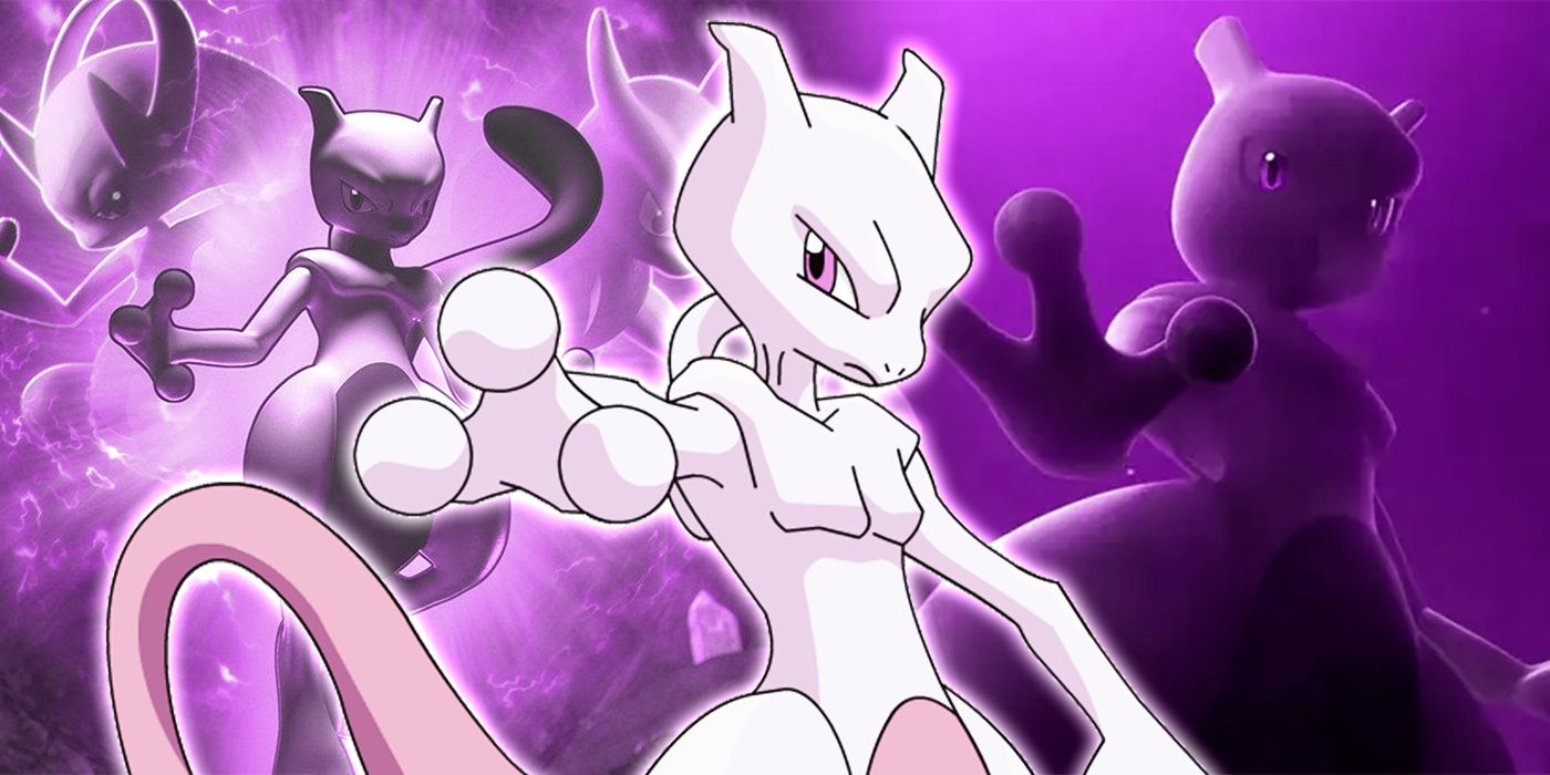 Collage of Mewtwo from the Pokémon anime and video games.