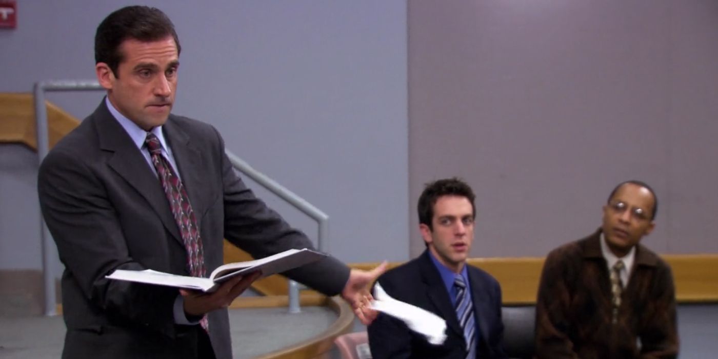 Michael Scott ripping a textbook in Business School from The Office