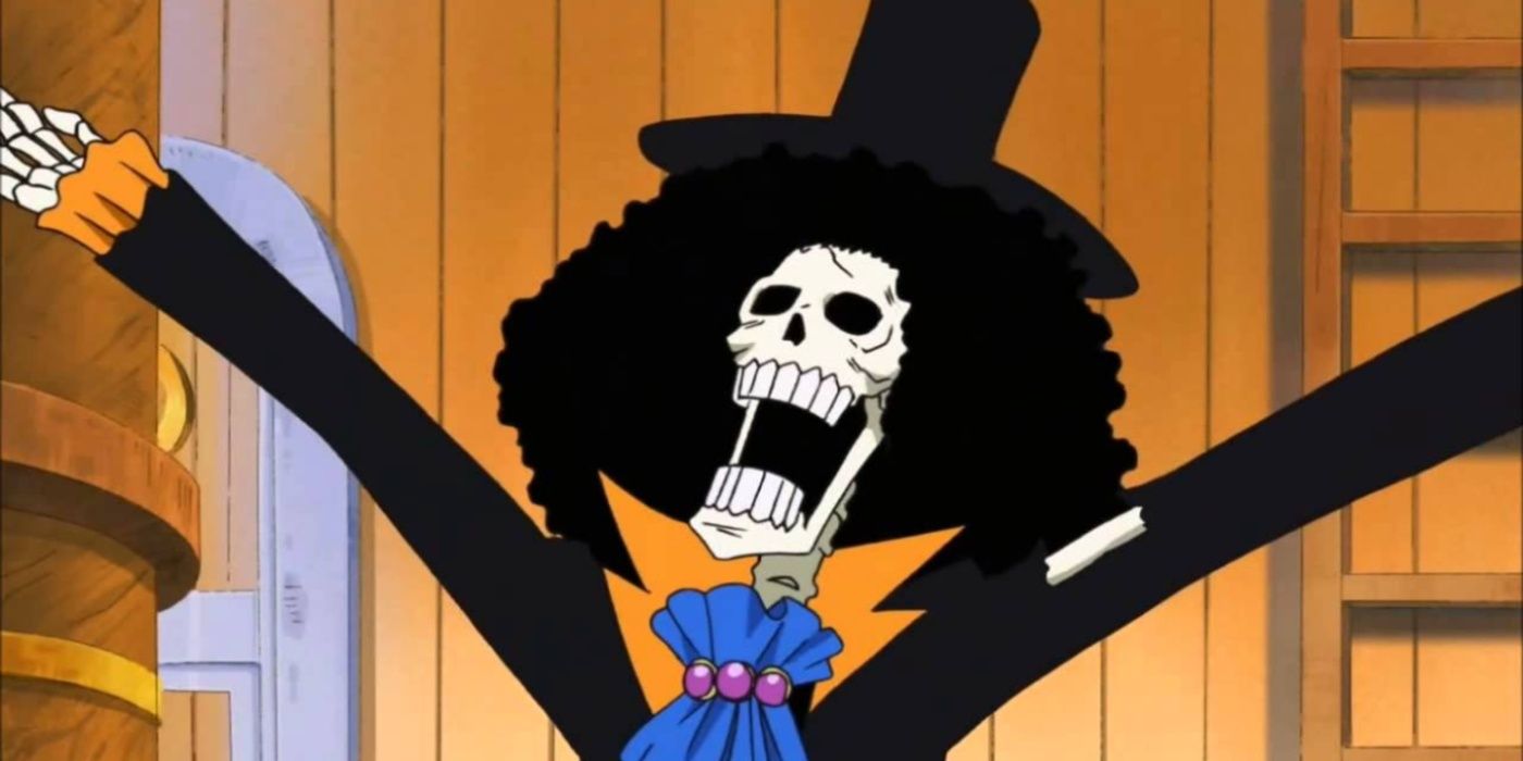 Brook is laughing for the first time after meeting the Straw Hats during One Piece's Thriller Bark Arc