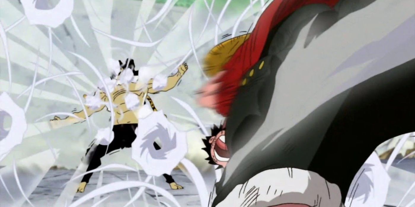 Luffy defeating Rob Lucci with a Gear 2nd Gum Gum Gatling in One Piece