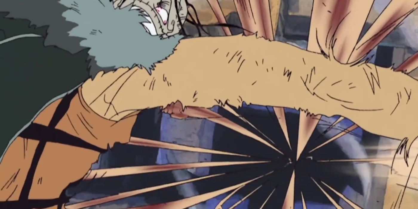 Crocodile getting hit by Luffy's Gum Gum Gatling in One Piece's Arabasta Arc
