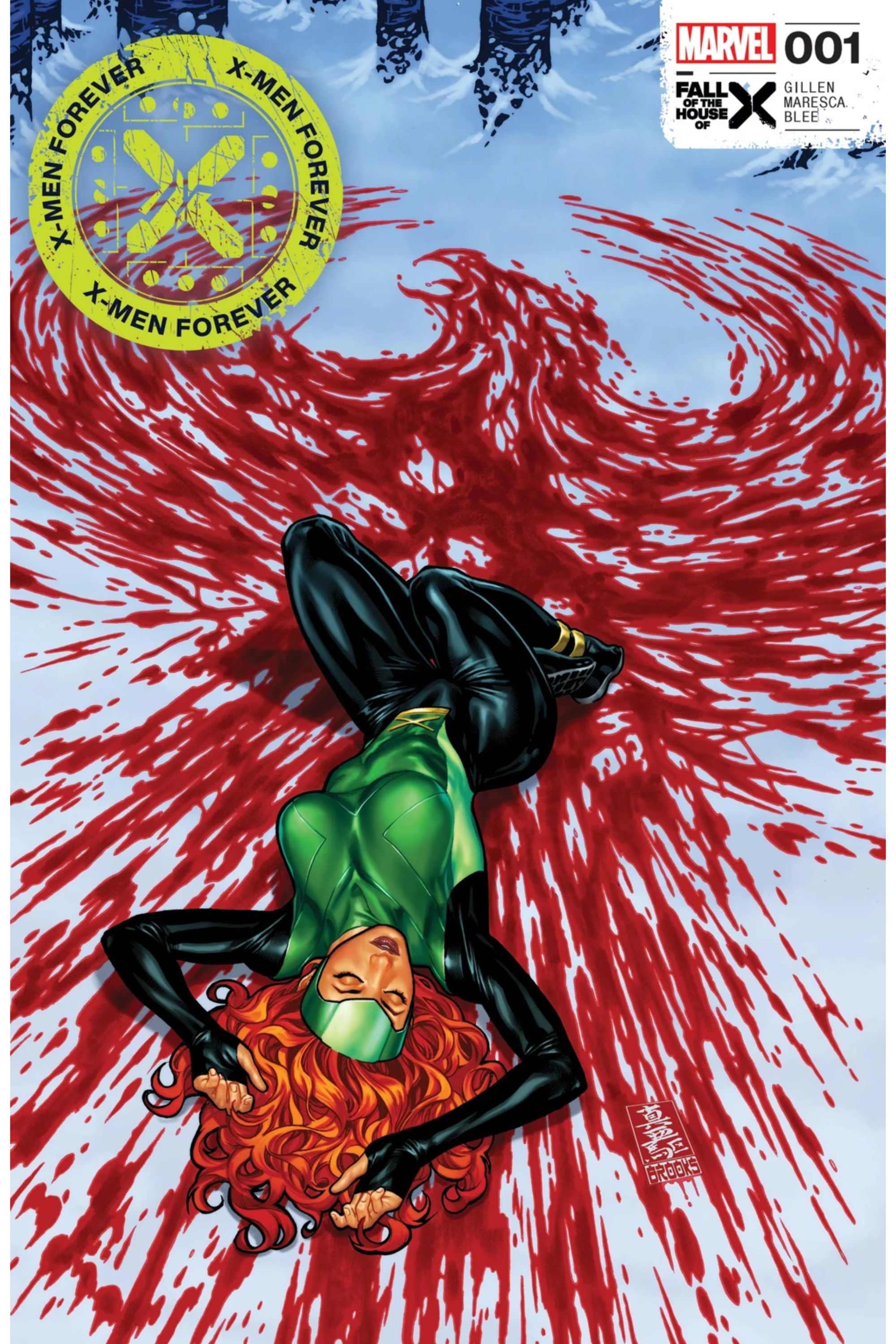 Jean Grey lays in the snow, surrounded by blood shaped like the Phoenix raptor