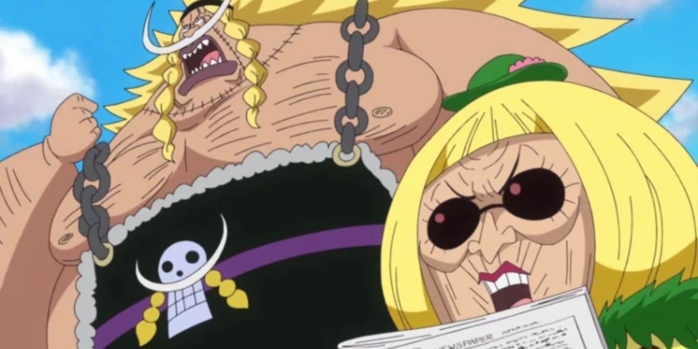 Weevil and his mother getting upset with the newspaper in One Piece