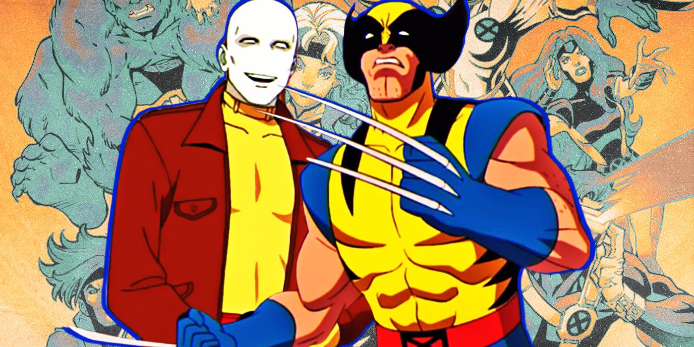 Wolverine and Morph from Marvel Animation's X-Men '97, in front of an image of the X-Men.