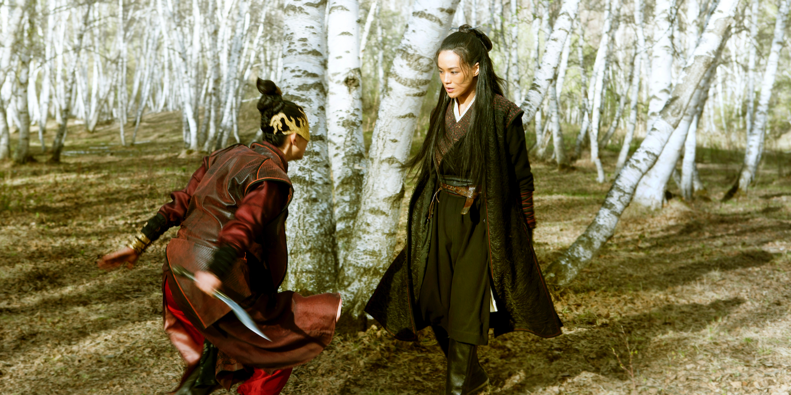 Shu Qi facing an attacker in the forrest with a knife in The Assassin (2015)