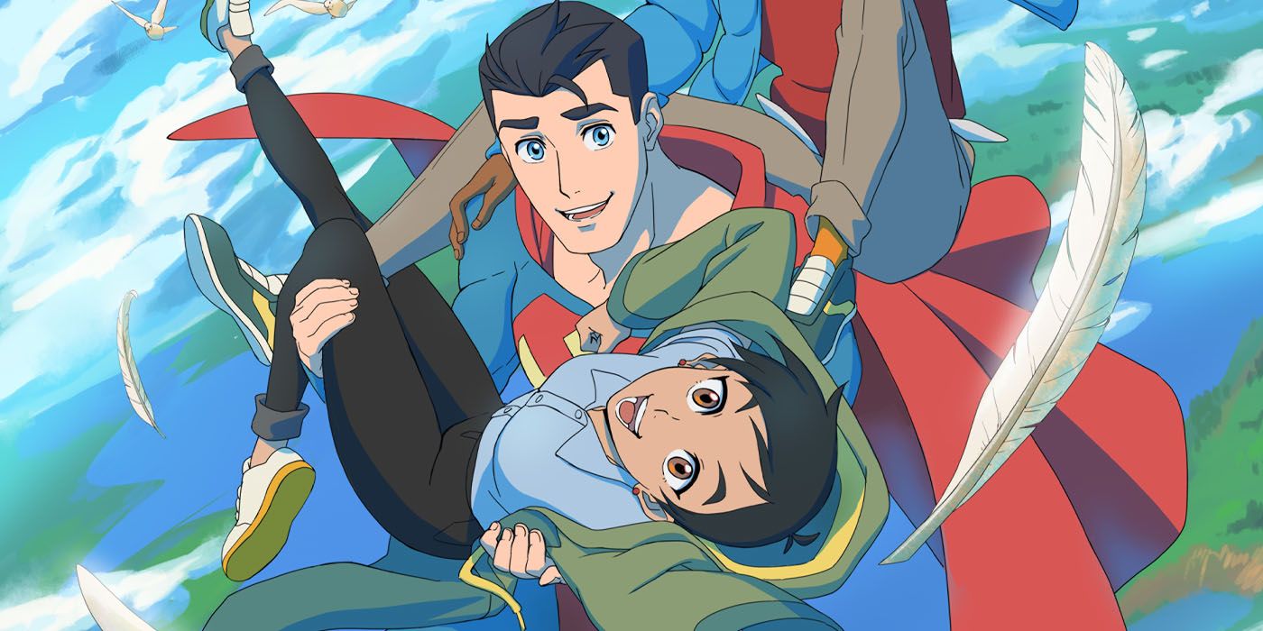 Superman holds Lois Lane as he flies through the air in My Adventures with Superman