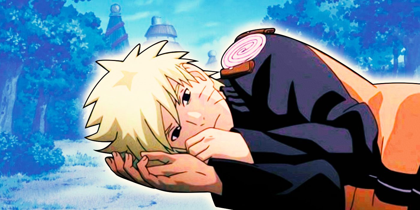 Naruto lying down looking sand against a backdrop of the Hidden Leaf village