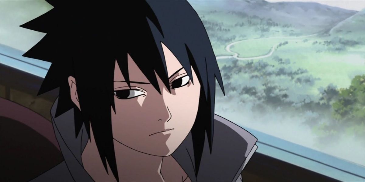 A closeup shows Sasuke looking to the left in Naruto Shippuden.