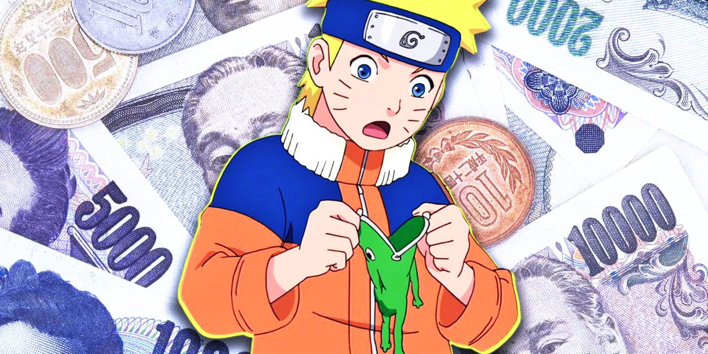 Naruto holding his frog wallet from the titular anime with Japanese yen in the background