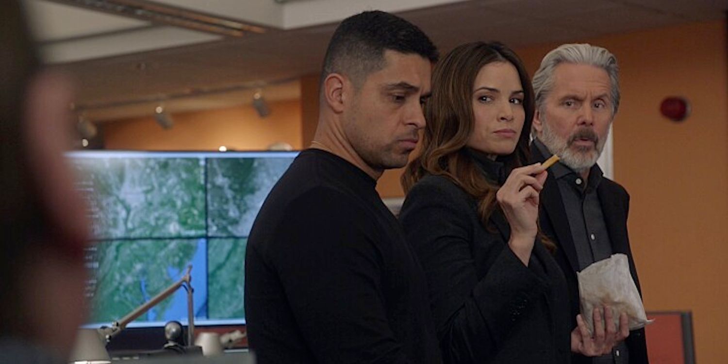 Nick Torres (actor Wilmer Valderrama) ignores Jessica Knight and Alden Parker holding fries in NCIS