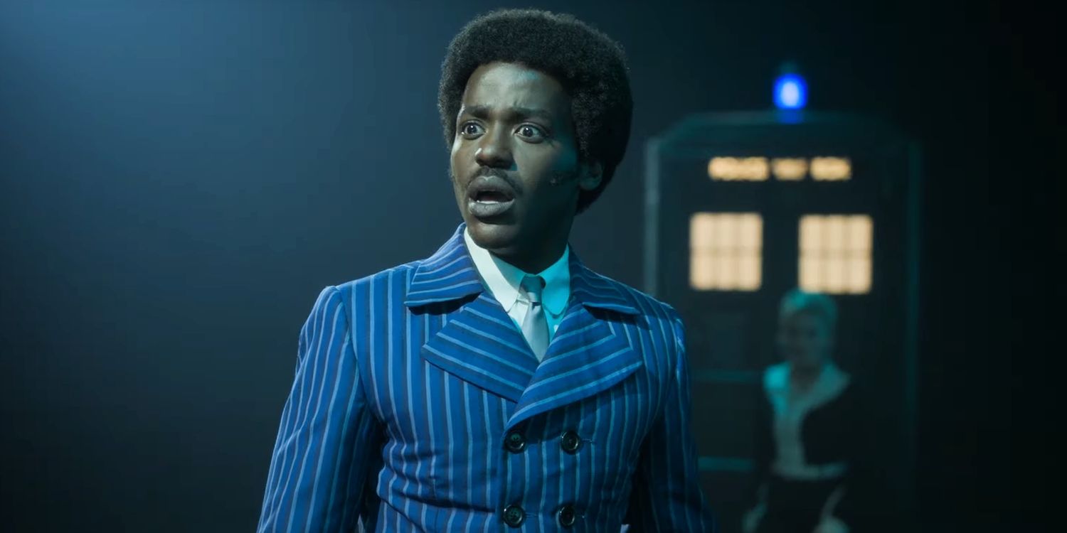 Ncuti Gatwa in pin striped suit Doctor Who