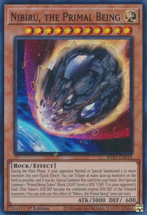 Yu-Gi-Oh monster card Nibiru, the Primal Being plummeting to the Earth.