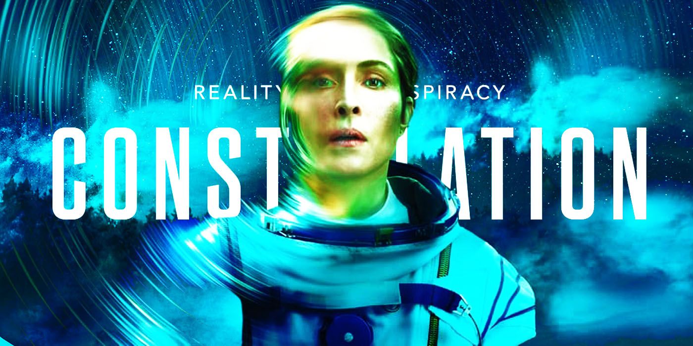 Jo (actor Noomi Rapace) staring in spacesuit in front of Apple's Constellation logo
