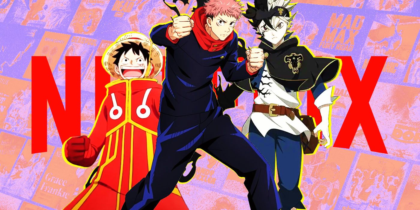 One Piece, Jujutsu Kaisen, and Black Clover in front of the Netflix logo