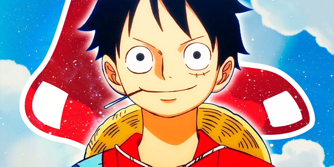 One Piece's Monkey D. Luffy smiling with Boston Red Sox logo in the background