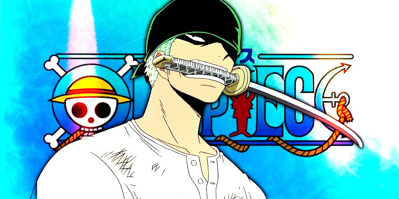 Zoro from One Piece with a sword in his mouth and the official franchise logo behind