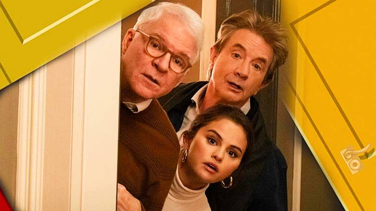 Mabel, Oliver, and Charles peek out a door in Only Murders in the Building