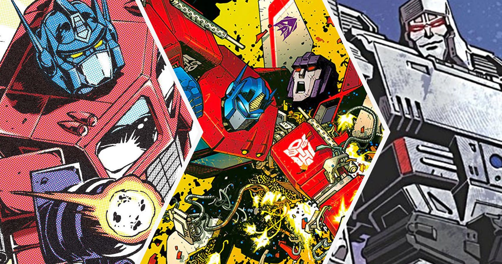 A split image of Optimus Prime, Optimus fiA split image of Optimus Prime, Optimus fighting Starscream, and Megatron from Transformers Comicsghting Starscream, and Megatron various Transformers Comics