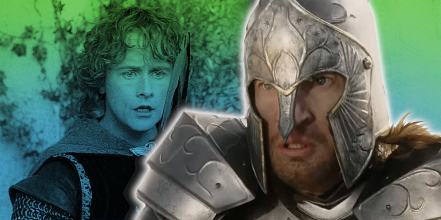 Faramir in his armor in front of Pippin in his Gondorian garb