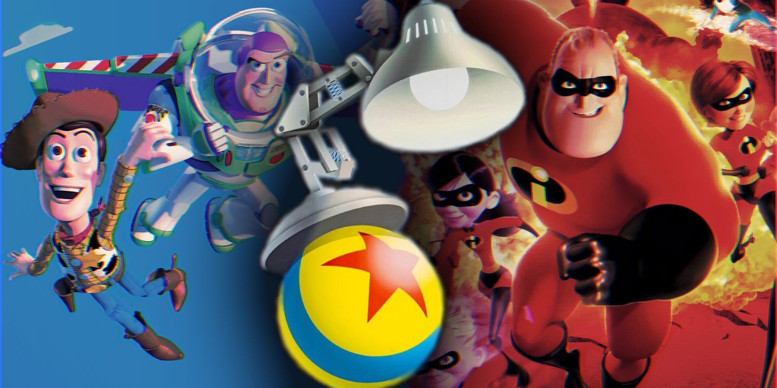 The Luxo Ball and Luxo Jr. lamp alongside Woody and Buzz and Mr. Incredible.