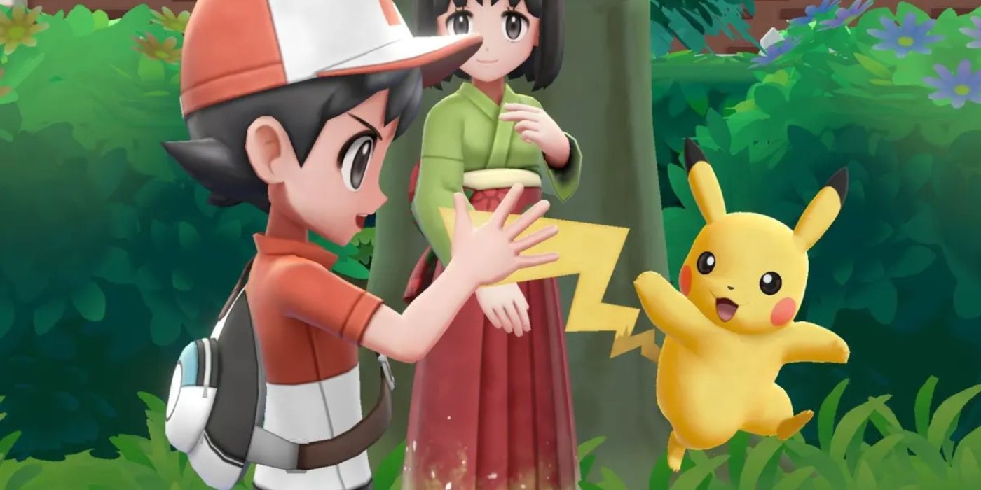 The trainer celebrating with Pikachu after beating Gym Leader Erika in Pokémon: Let's Go, Pikachu!