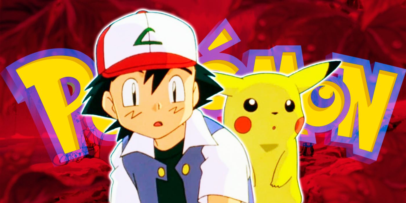 Pikachu and Ash Ketchum from Pokémon looking surprised with anime's logo behind
