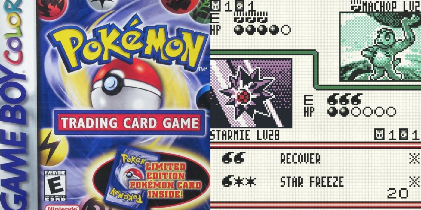 Split image of the Pokémon TCG box art for the Game Boy Color and a gameplay still.
