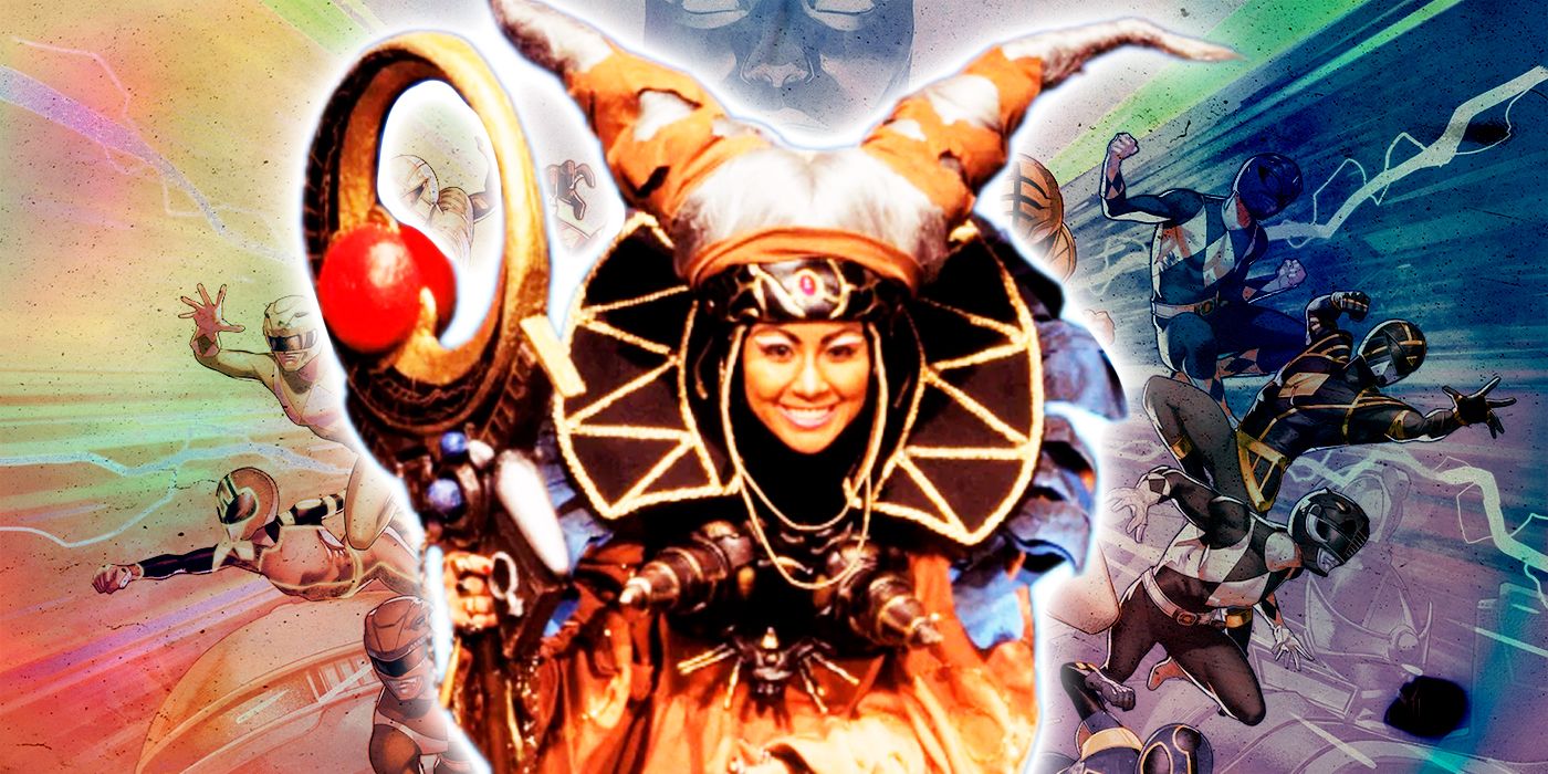 A custom collage of Rita Repulsa as Mistress Vile, surrounded by the Power Rangers from the comics