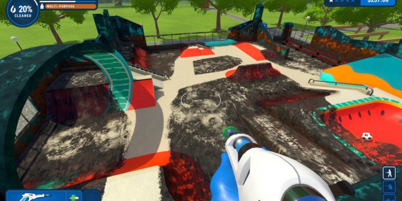 PowerWash Simulator gameplay still featuring the player cleaning a skate park.