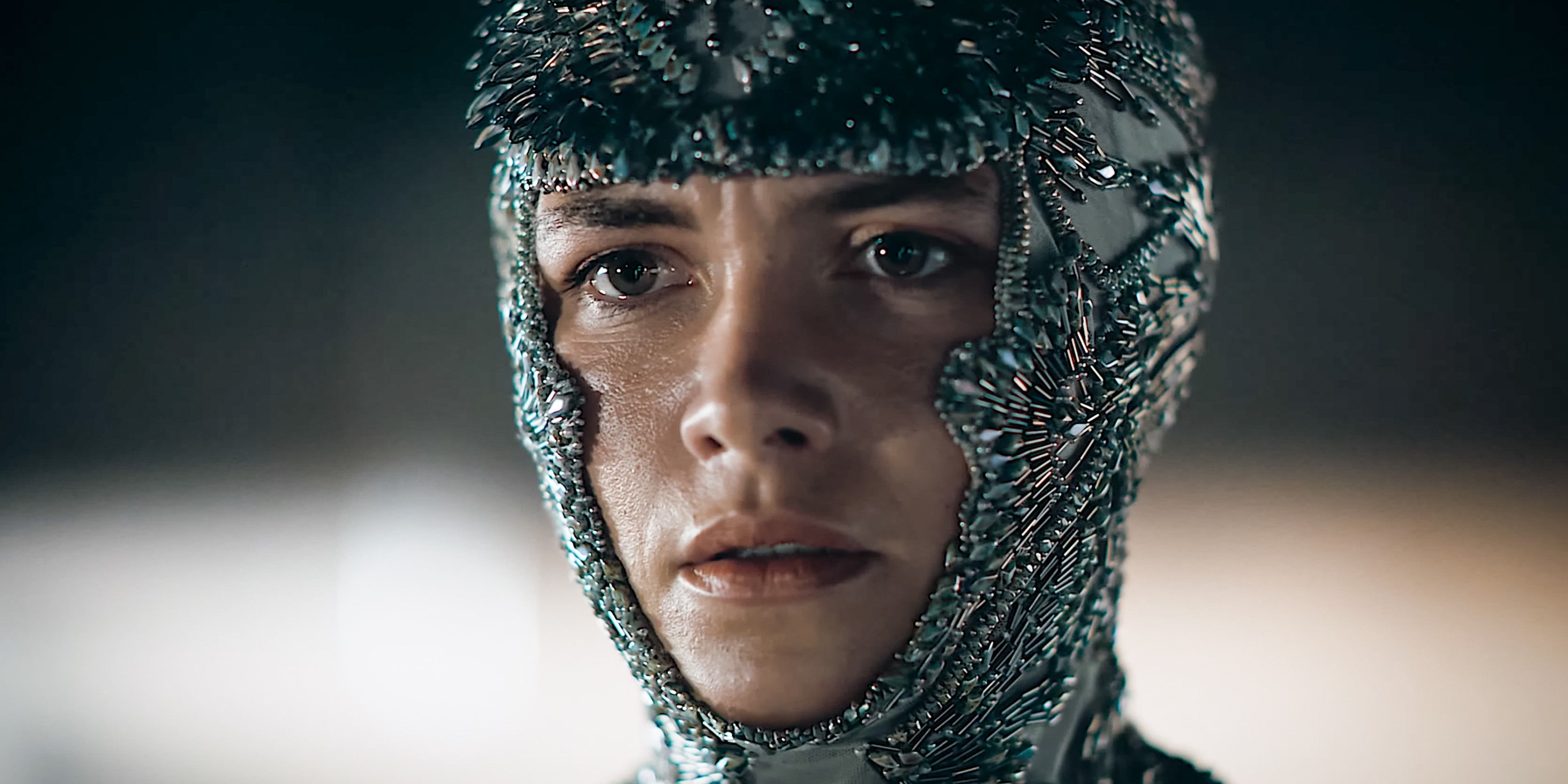 Florence Pugh's Princess Irulan in a formal headdress in Dune: Part Two.