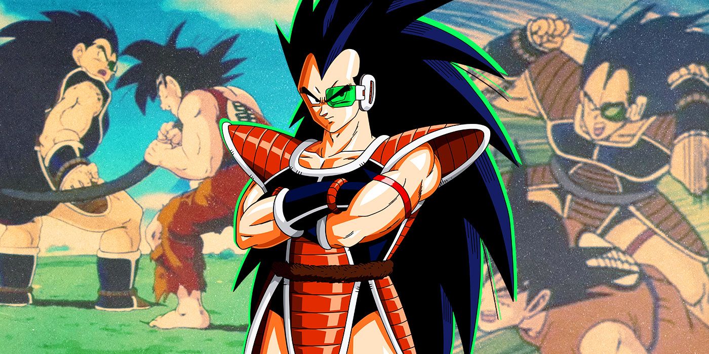 Raditz with his arms crossed in front of combat scenes from Dragon Ball Z