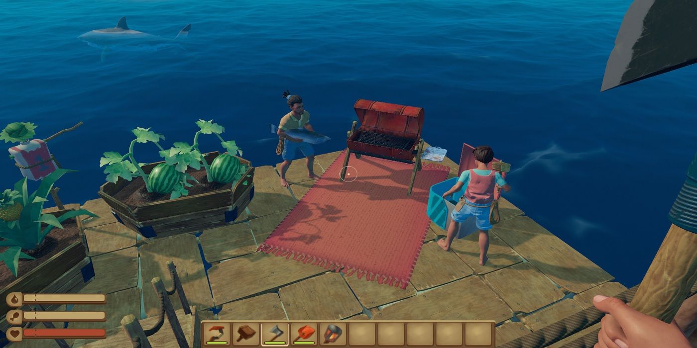 Um grupo de jogadores pescando e cultivando em sua jangada no jogo Raft.