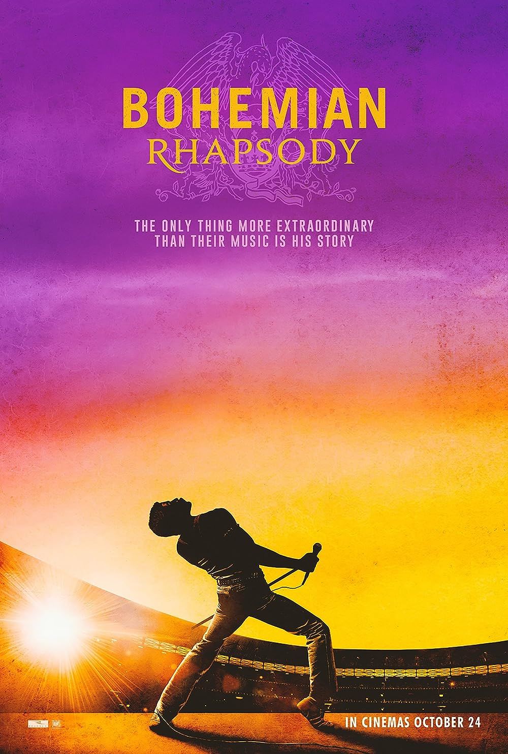 Rami Malek as Freddie Mercury sings on the poster for Bohemian Rhapsody