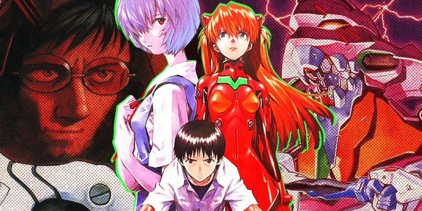 Rei and Asuka stand behind Shinji as he pilots Eva Unit-01 in Evangelion
