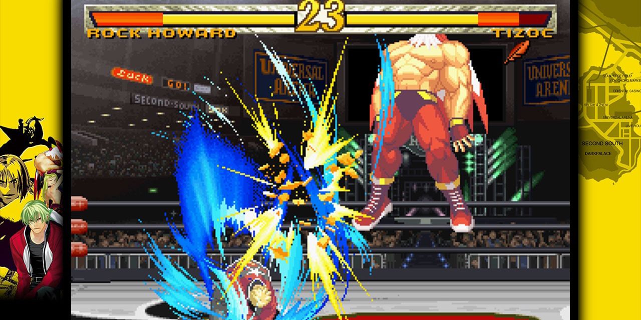 Rock Howard unleashes a powerful attack on Tizoc in Garou Mark of the Wolves