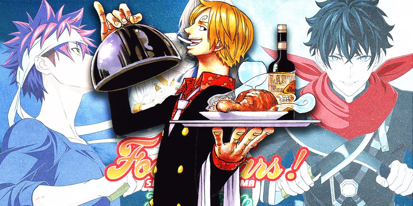 Sanji from One Piece as a chef and the main characters from Food Wars!