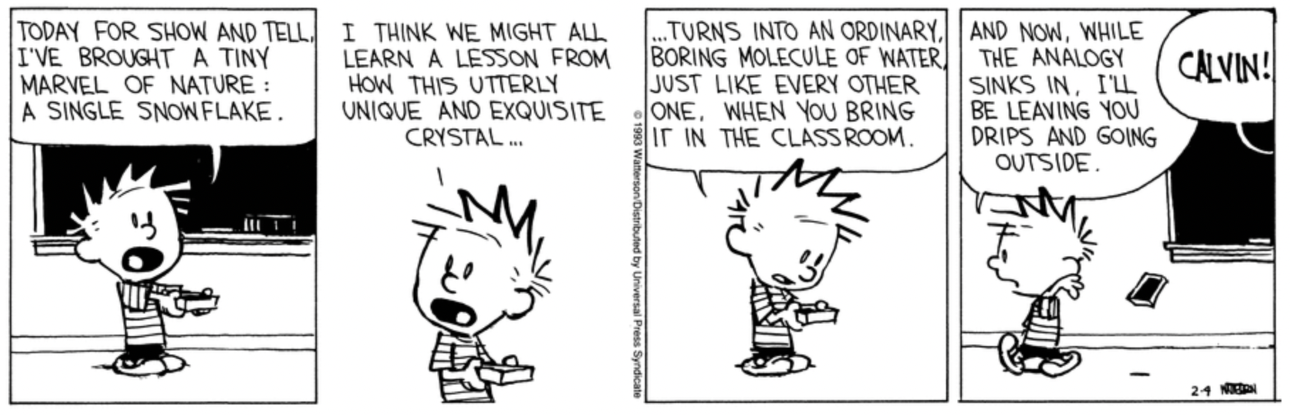 Calvin traz um floco de neve para a aula para mostrar e contar em Calvin e Hobbes, de Bill Watterson