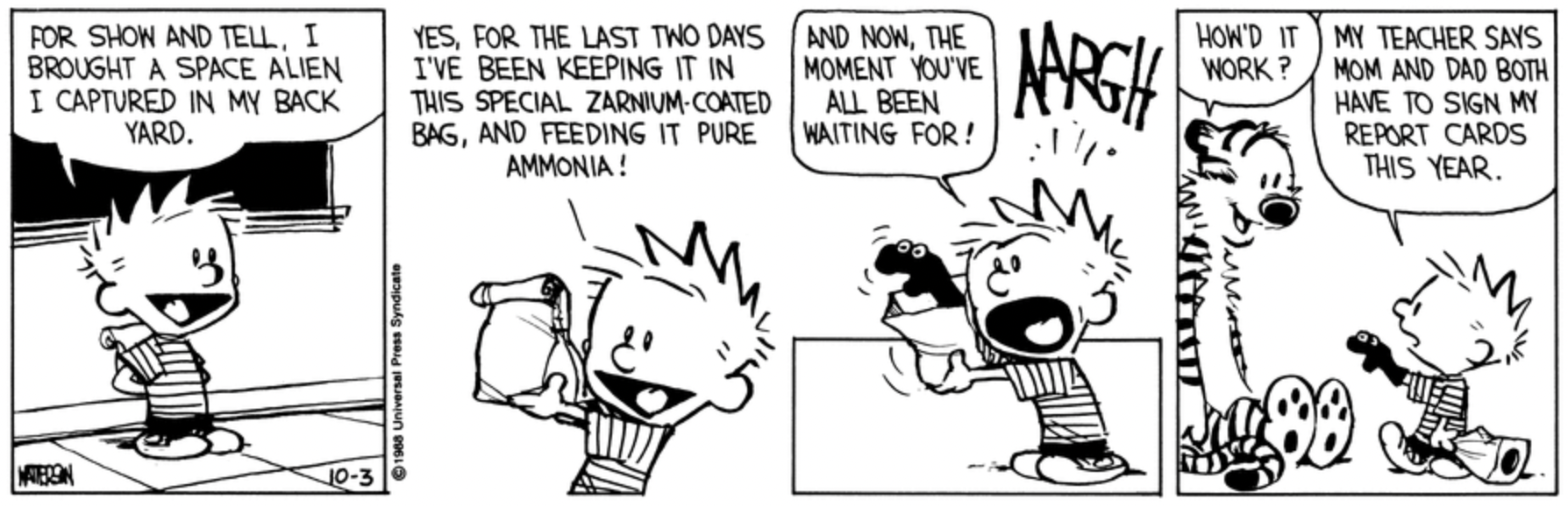 Calvin faz um fantoche de meia alienígena para mostrar e contar em Calvin e Hobbes, de Bill Watterson