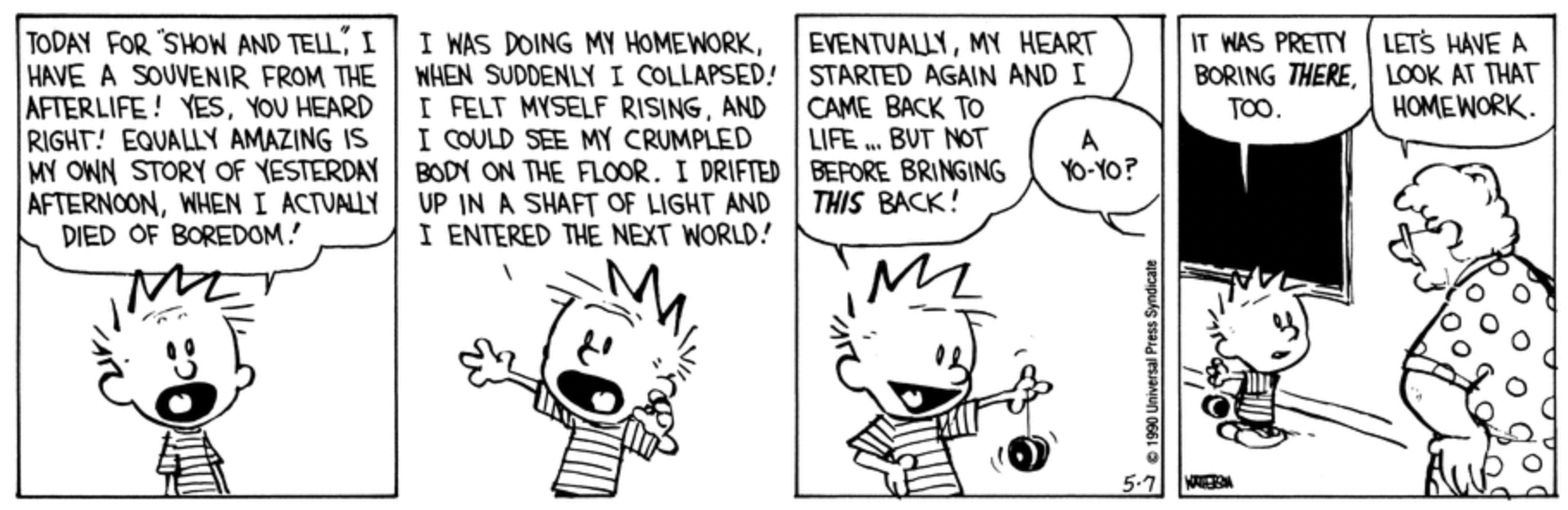 Calvin traz um ioiô para a aula na história em quadrinhos Calvin e Hobbes de Bill Watterson