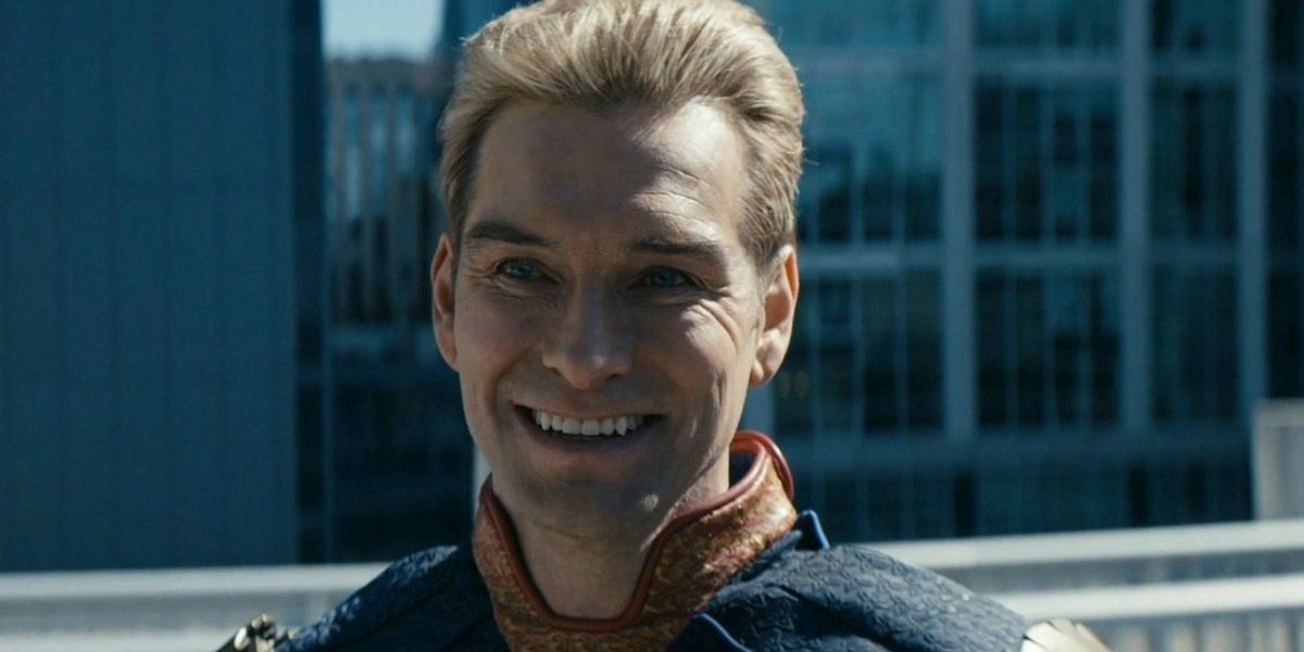 Homelander creepily smiling on the roof of a building in The Boys