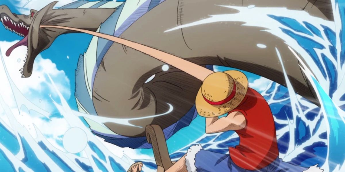 Luffy punches a Sea King in One Piece