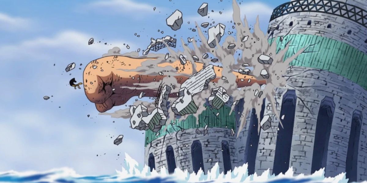 Luffy's Gear 3 Gigant Pistol blows Rob Lucci out of Enies Lobby