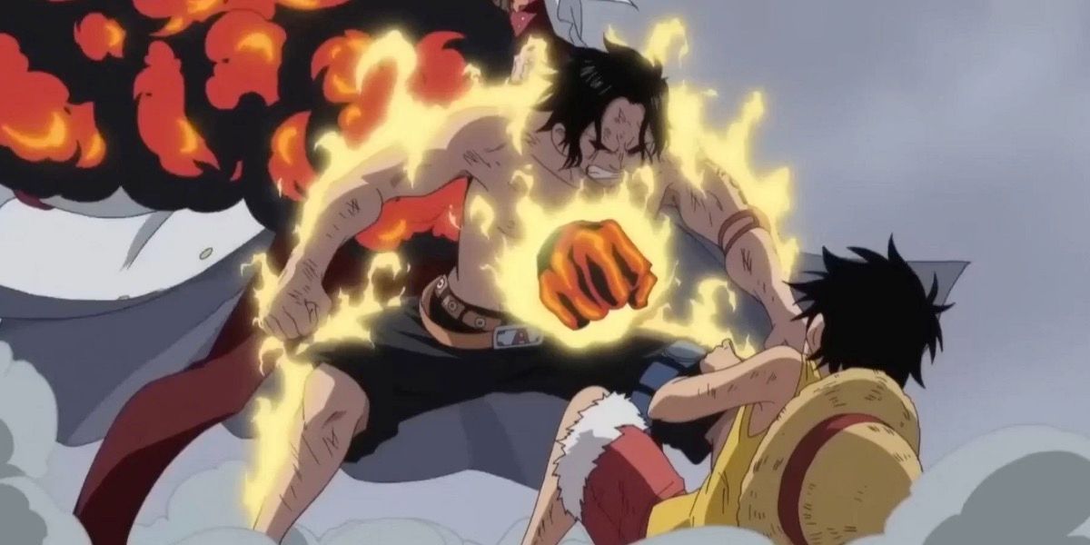 Admiral Akainu punches through Portgas D. Ace's body as Monkey D. Luffy watches