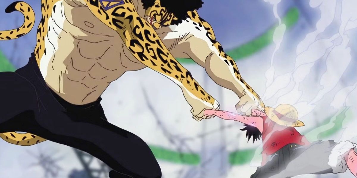 Monkey D. Luffy blocks a two-handed attack from Rob Lucci in One Piece