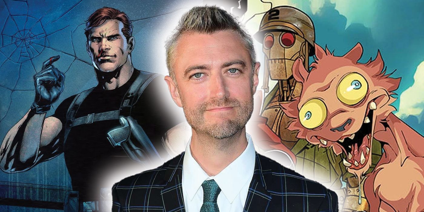 A composite image featuring actor Sean Gunn and the DCU characters he plays: Maxwell Lord, G.I. Robot, and Weasel.