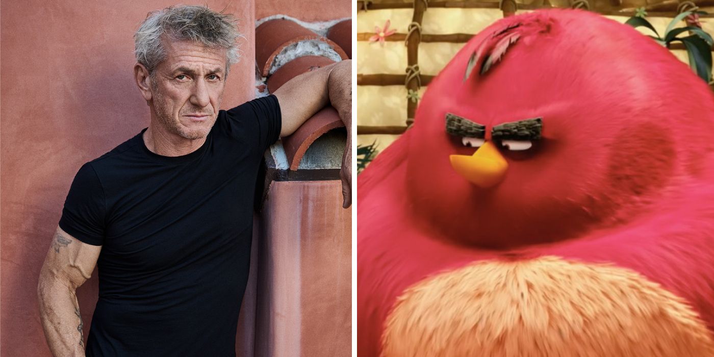 Uma imagem dividida de Sean Penn posando para uma foto e Terence do filme Angry Birds olhando com raiva para a direita